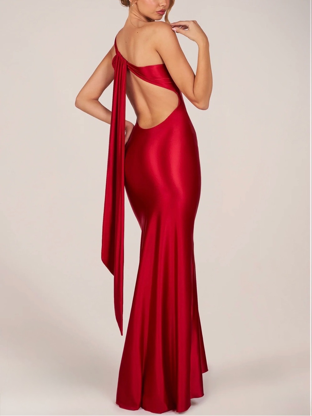 Oh Polly Adelina Cherry Red Asymmetric Tie Back Maxi Gown Medium
